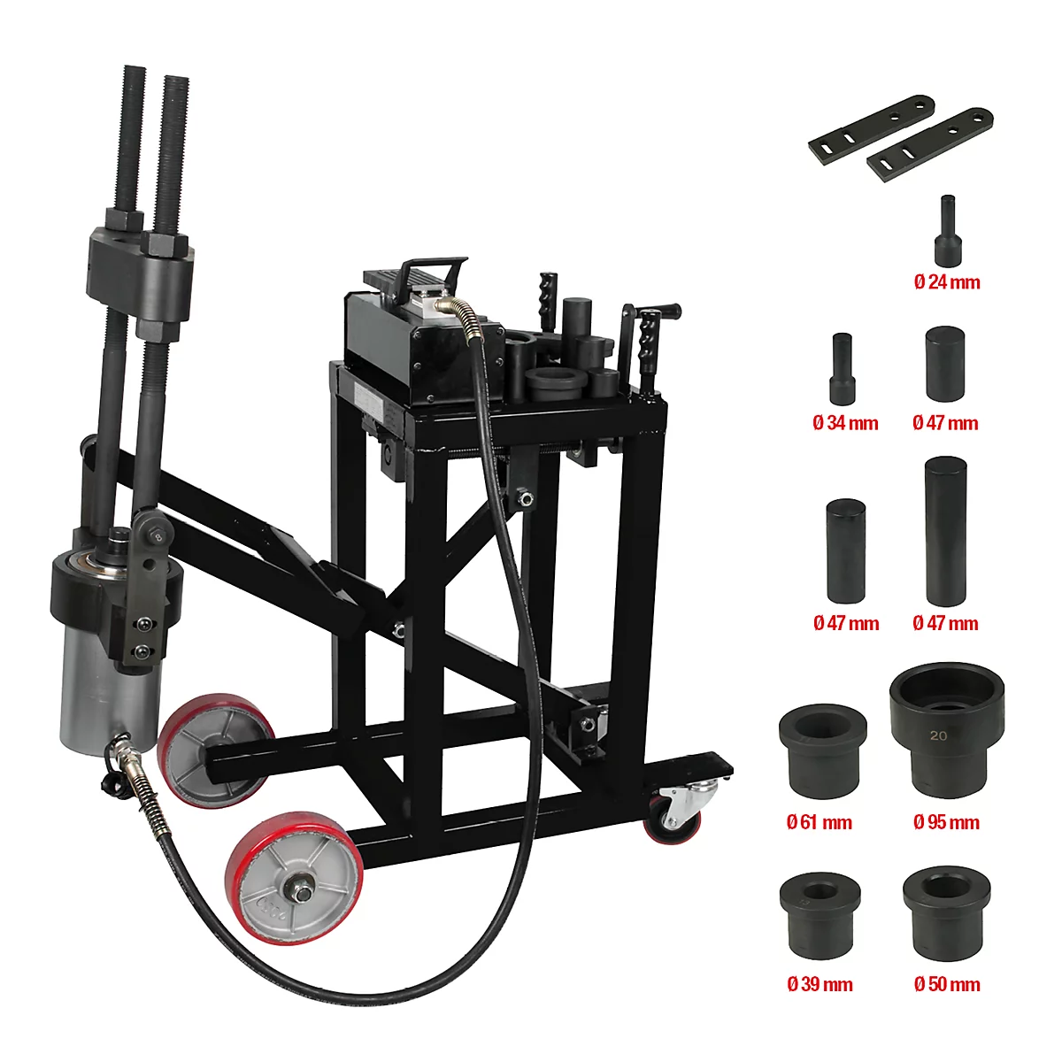 Schwarzes Werkzeug zum Biegen von Metallrohren, mit Zubehör und Rädern.